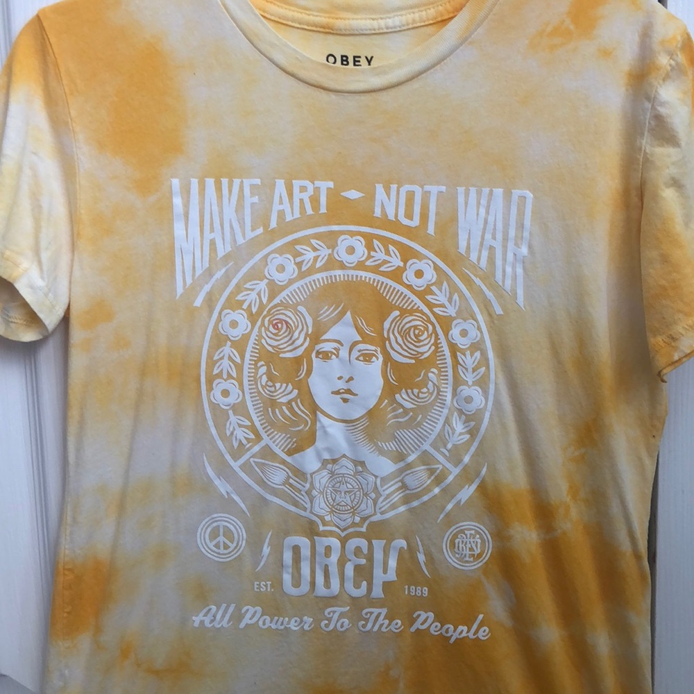 Womens yellow Obey "make art not war" t-shirt